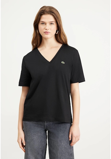 Lacoste V Yaka Organik Pamuk Bayan T-shirt Siyah