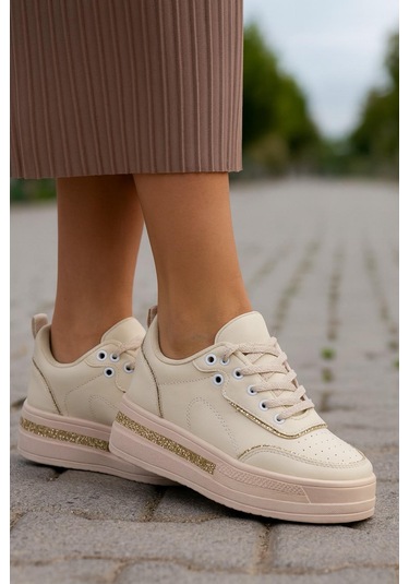 Kadın Günlük Yüksek Taşlı Taban Rahat Kalıp Yürüyüş Ve Ortopedik Spor Ayakkabı Bej Bej