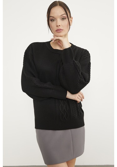 Prenses Kol Örgü Detaylı Triko Kazak - Siyah 001