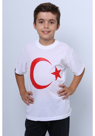 Çocuk Atatürk Ayyıldız Baskılı Tshirt Kısa Kollu A62 Beyaz - Kırmızı