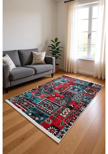 Blghome Dokuma Tabanlı Dijital Baskı Halı Blg3820 Kırmızı - Mavi