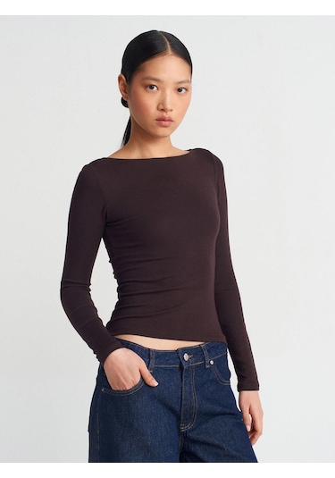 31332 Kayık Yaka Uzun Kollu Top-koyu Kahve-10700 Koyu Kahverengi