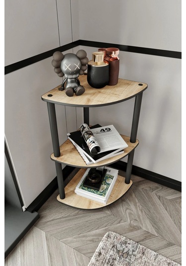 3 Katlı Dekoratif Köşe Kitaplık Meşe Meşe