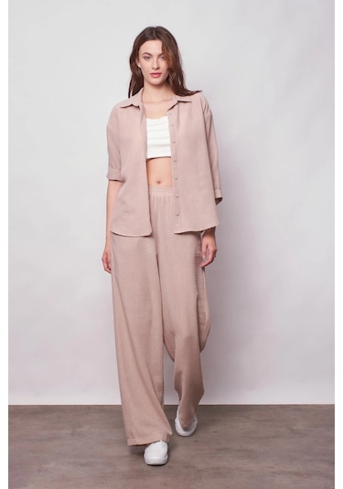 Kadın Keten Düşük Omuzlu Yakalı Kapri Kol Apoletli Gömlek -taş Taş