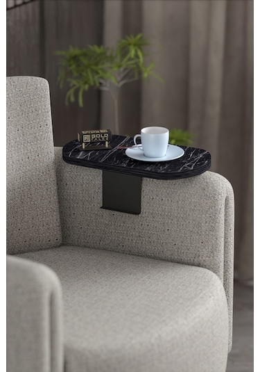 Zigon Sehpa Yan Sehpa Ayarlanabilir Tepsi Oval Dekoratif Modern Yatay Dikey Koltuk Sehpası Bendir Siyah Mermer Desen