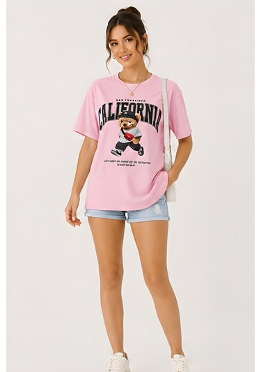 Lili Woman Kadın California Bear Baskılı Oversize T-shirt E.2686 Pembe