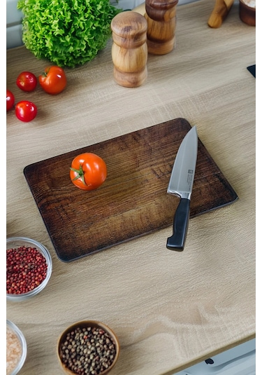 Eski Ahşap Desenli Cam Kesme Tahtası, Kesme Tablası Kenarları Oval, Antibakteriyal, Ahşap