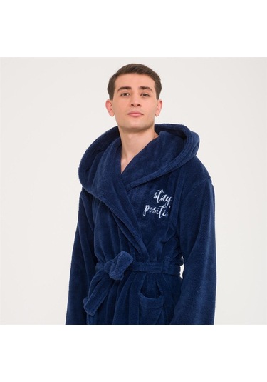 Erkek Uzun Welsoft Kapüşonlu Sabahlık-Lacivert