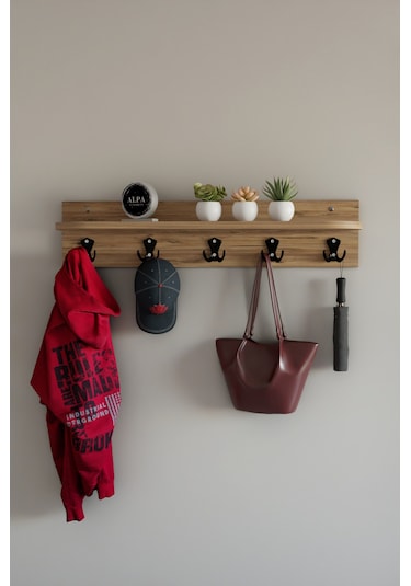 Alpa Ev Mobilya 5 Askılı Raflı Portmanto, Elbise Askılığı, Modern Duvar Organizer Askılık Atlantik Çam
