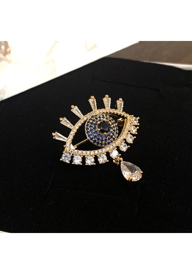 Broş Kadın Zirkon Taşlı Nazar Göz Broş Gözyaşı Yaka İğnesi Gold