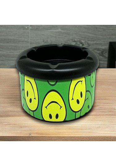 Smiley Desen Metal Mini Sigara Küllüğü Yeşil 8cm