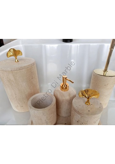 Sarı Traverten Klasik Model 7 Parça Gold Renk Japon Gülü Aksesuarlı Banyo Seti Sarı Traverten