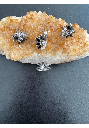 Aysesa Oniks Taşlı Kadın Gümüş Set 2küpe+kolye+yüzük 925 Ayar