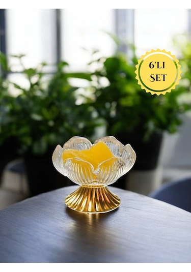 Gold Renk Metal Ayaklı Lotus Çiçeği Kahve Yanı Cam Drajelik Lokumluk Seti 6 Adet Sarı