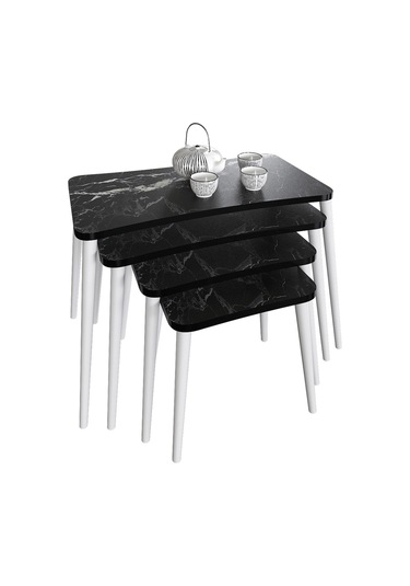 Selen 4lü Zigon Sehpa Ahşap Beyaz Ayaklı Salon Seti Çay Sehpası Siyah Mermer