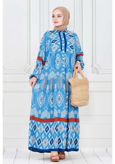 Yarım Düğmeli Robalı İkat Desen Elbise-mavi-4006 - Mavi