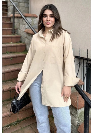 Kadın Bej Terikoton Kumaş, Yırtmaçlı, Rahat Uzun Gömlek Bej