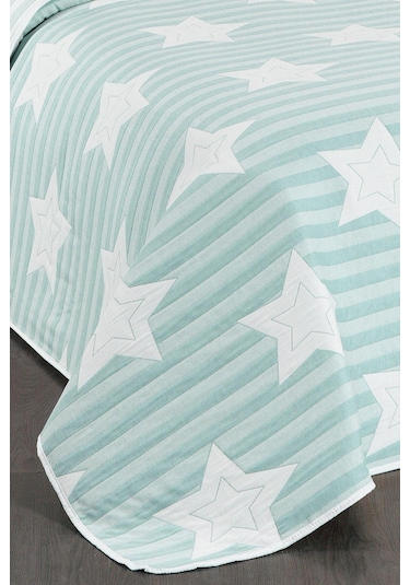 Evlen Home Pedri Yıldız Desenli Pamuklu Tek Kişilik Yatak Örtüsü Pike Takımı 2 Parça Çocuk Yatak Örtüsü Mint