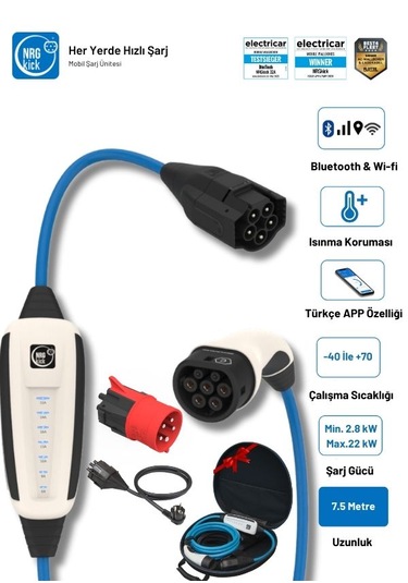 Çantalı Standart Plus 32a 2.8-22kw 7.5m Ev Prizli Wifi+bluetooth Monofaze & Trifaze Ac Mobil Şarj Wallbox 22 Kw