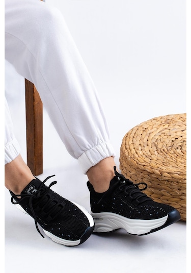 Guja İthal Özel Seri Taşlı Triko Kadın Spor Ayakkabı 24y309-1 Siyah-siyah Siyah