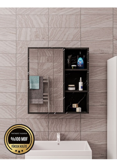 Tek Kapaklı Aynalı Banyo Dolabı Çok Amaçlı Banyo Dolabı Siyah