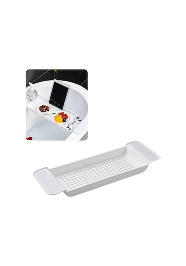 Hfambition Plastik Daraltılabilir Banyo Tepsisi - Su Akışlı Tasarım, Sağlam Konumlandırma, Çeşitli Ürünleri Tutabilir Beyaz