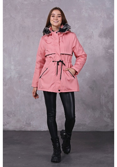 AYMERAVM - Deri Biyeli Kapşonlu Kadın Kaban - IŞK5906GA