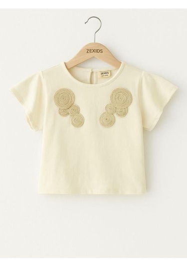 Kız Çocuk Etnik Desenli Nakışlı Tasarım T-shirt-15980 Krem