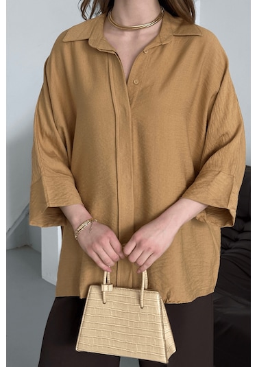 Paw Garage Kadın Evelyn Vizon Oversize Gömlek, Keten Ayrobin Ön Patlı Gömlek Vizon