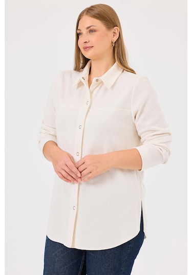 Galaxi Kadın Büyük Beden Çıtçıt Düğmeli Uzun Kollu Gömlek 10002421514025 Ekru Ekru