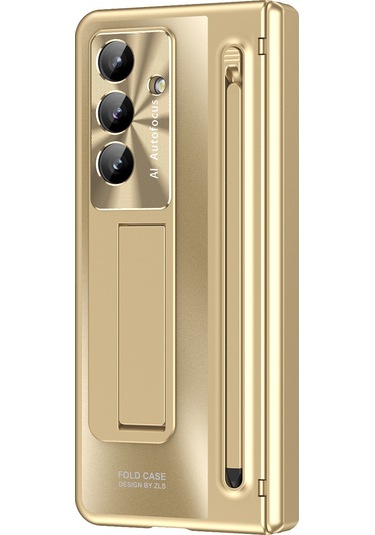 Samsung Galaxy Uyumlu Z Fold7 5g Kılıf Destekli Menteşeli Pc Telefon Kılıfı, Temperli Cam Filmi Ve Kalem - Altın Altın