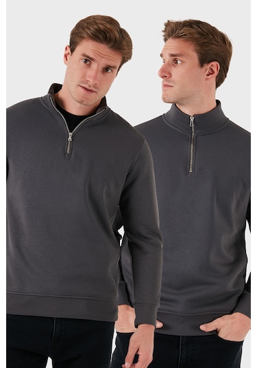 Buratti Pamuklu Regular Fit Dik Yaka 2'Li Paket Erkek Sweat 59052592S2 Antrasit-Antrasit