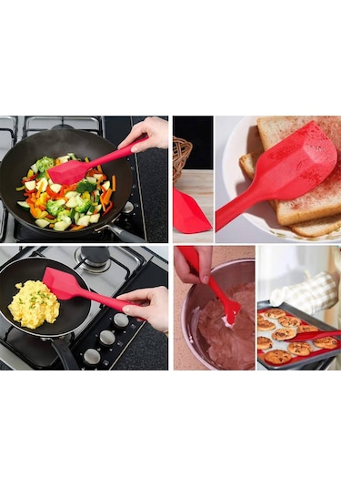2li Kırmızı Silikon Kaşık Spatula Yanmaz Yapışmaz Çizmez 27cm