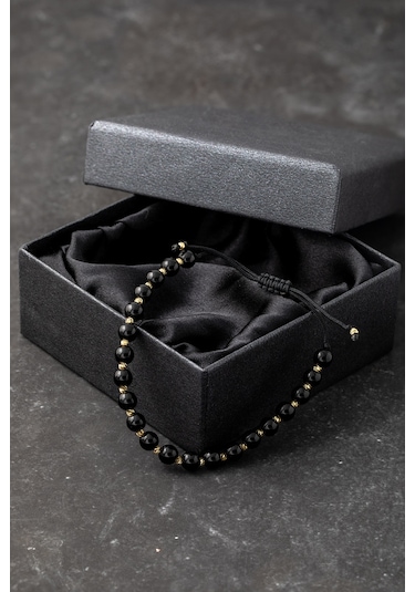 14 Ayar Altın Büyük Oniks Boncuklu Erkek Bileklik Sarı Altın