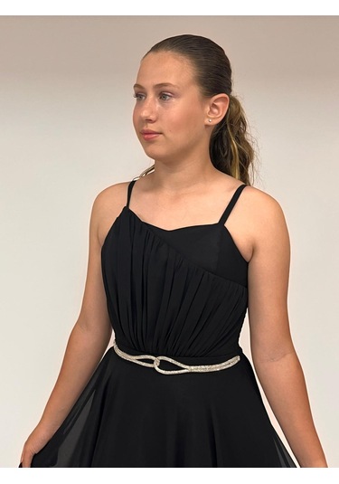 Kız Çocuk Abiye Askılı Siyah Şifon Drape Ve Taş Detaylı Abiye Elbise 10-15 Yaş Siyah