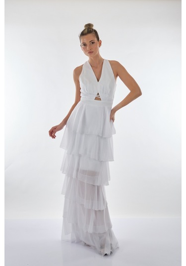Dori V Yakalı Kat Kat Şifon Abiye Elbise 221kb3039 Beyaz