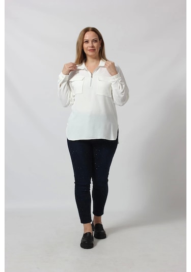 Moda Berray 3055 Yaka Fermuarlı Yandan Yırtmaçlı Gömlek Beyaz