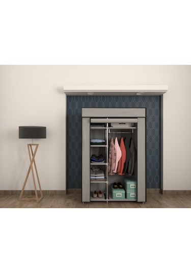 Gri Tek Yandan Raflı Bez Dolap Gardrop