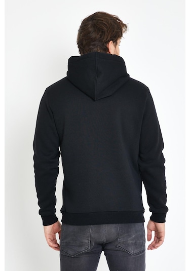 Erkek Kapüşonlu Kanguru Cep 3 İplik Sweatshirt Siyah