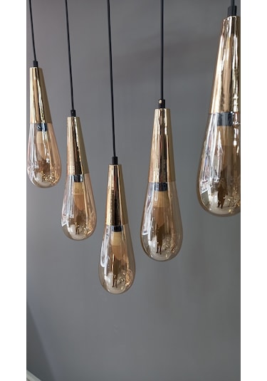 Gold Füme Cam 5 Li Sıralı Avize Gold