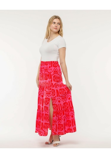 Viskon Kumaş Desenli Yırtmaçlı Uzun Etek 01 Pembe