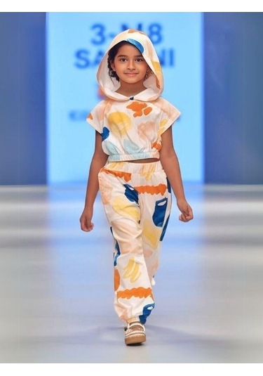Kız Çocuk Kapüşonlu Crop T-shirt Yazlık Desenli Eşofman Takım-15677 Çok Renkli