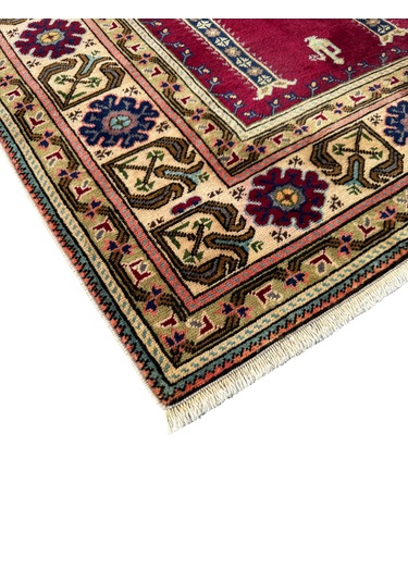 El Dokuma Vintage Eskitme Bünyan Halısı Seccade 86x130 Kırmızı Krem Kırmızı