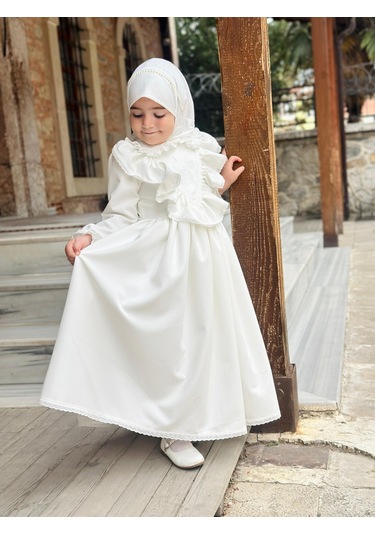 Ayperi Kız Çocuk Tesettür Elbisesi Merasim Elbisesi,başörtülü Takım 3-12 Yaş Uygun Beyaz