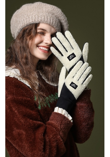 Snapbuy Unisex Kışlık, Parmak Açılır Dokunmatik, Kalın Peluş Eldiven Açık Bej