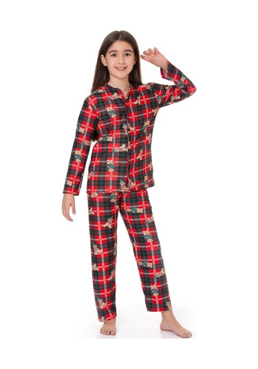 Kız Çocuk Ekose Desenli Pijama Takımı 12135 Nar Cıcegı