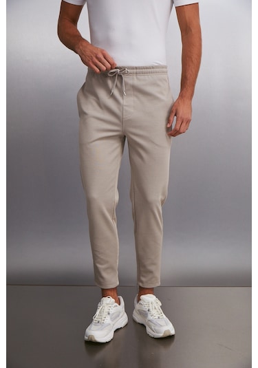 Grımelange Huxley Erkek Regular Boru Paça Normal Bağcıklı Bel Organik Pamuk Yan Cepli Bej Pantolon Bej