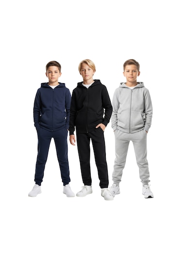Fyk Kids Fermuarlı Kapüşonlu Kanguru Cepli Düz Baskısız Erkek Çocuk Eşofman Takımı 3'lü - Gri - Siyah - Lacivert