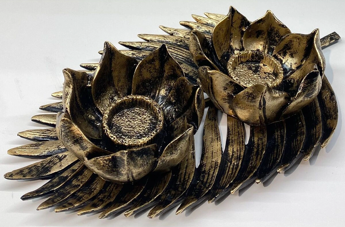 Dekoratif Polyester İkili Çınar Yaprak Mumluk Gold Siyah Eskitme