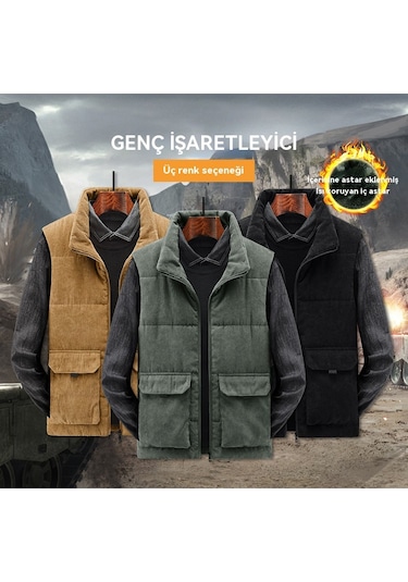 Erkekler İçin Büyük Beden Kadife Polar Astarlı Kalın Yelek Sarı